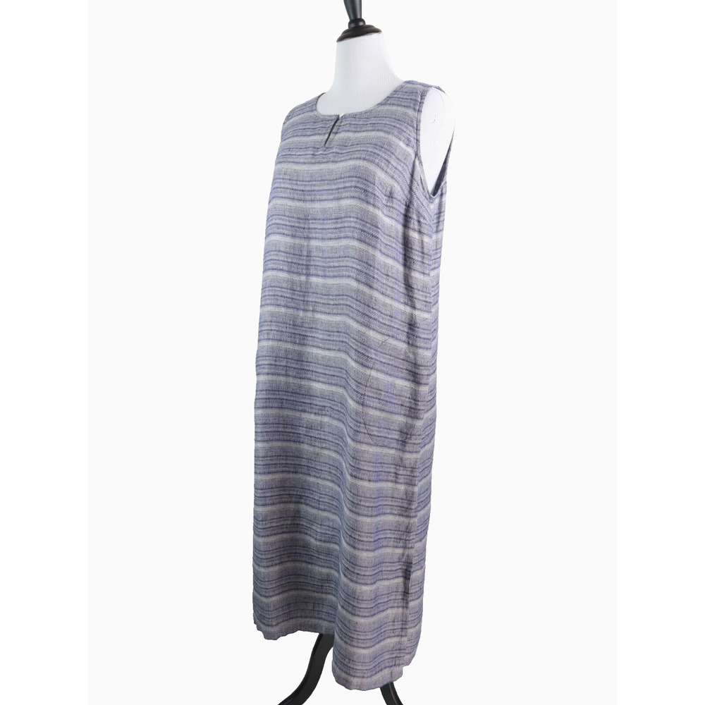Pure J Jill Size L Woven Stripe Linen Maxi Dress Keyhole Neck Blue